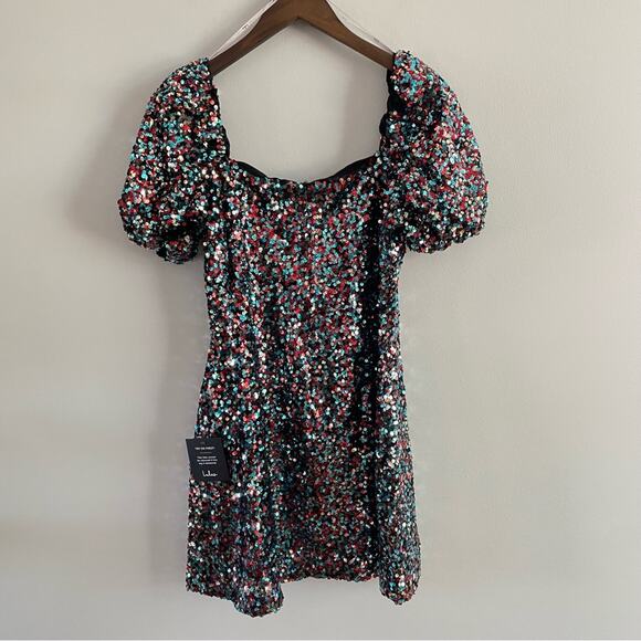 Lulu’s | NWT Womens Crave it Like Candy Blue Multi Sequin Puff Sleeve Mini Dress - Picture 12 of 13